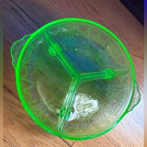 Vintage Green URANIUM Depression Glass Footed Divided Serving Dish 8 1/2”